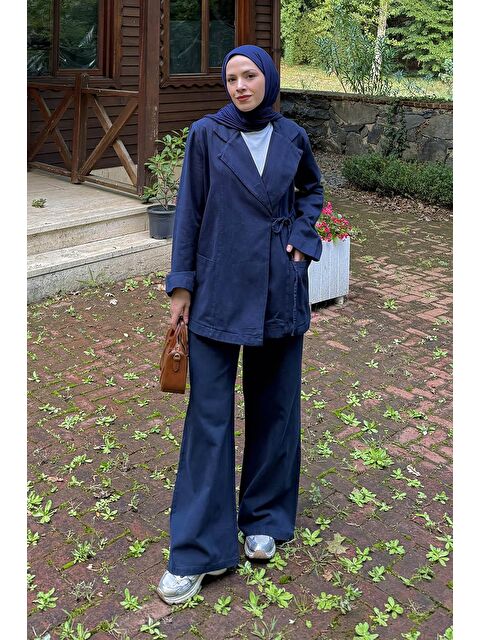 Lamelif Yan Bağlama Detaylı Pantolonlu Takım Lacivert - S000515425-21164