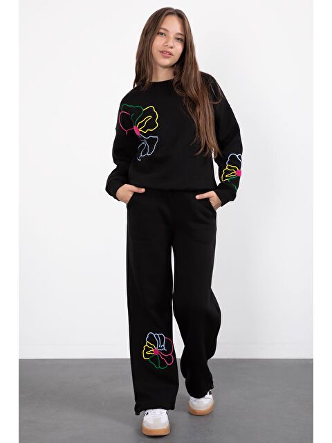 Cansın Mini Siyah Çiçek Nakış Detaylı Geniş Paça Kız Çocuk Şardonlu Takım 23283 - S000462930-19351