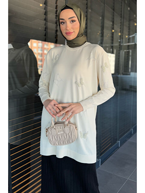 Julude Kelebek Taşlı Bisiklet Yaka Tesettür Tunik - S000361212-25636