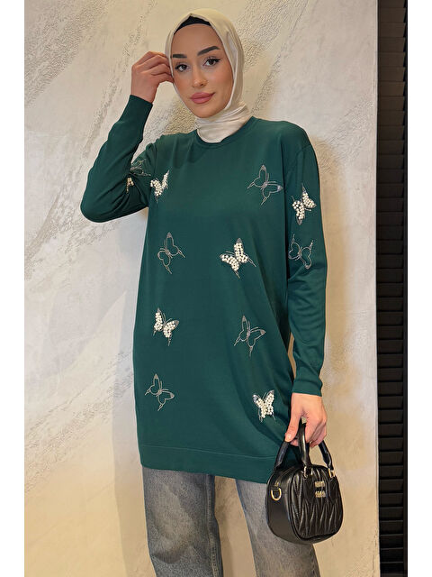 Julude Kelebek Taşlı Bisiklet Yaka Tesettür Tunik - S000361212-18709
