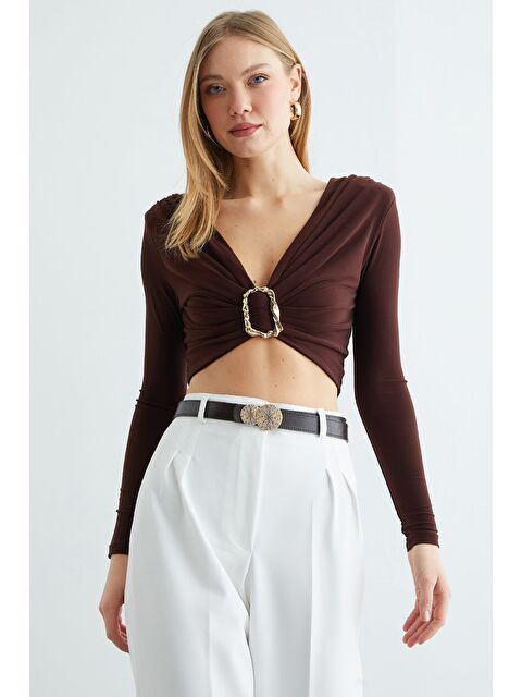 Fullamoda Drapeli Tokalı Omuz Vatkalı Crop Bluz - S000496680-19413