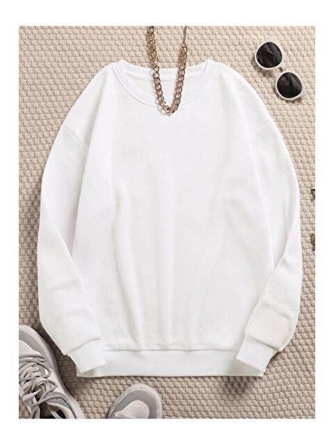 Trendseninle Kadın Beyaz Düz Bisiklet Yaka Sweatshirt - S000107305-20063