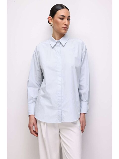 Mizalle Pamuklu Mavi Oversize Gömlek