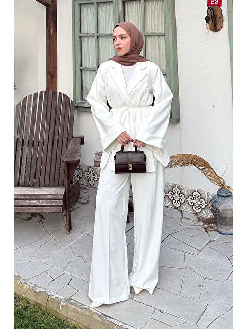 Lamelif Derin Pens Detaylı Tesettür Takım Beyaz - S000515420-20063