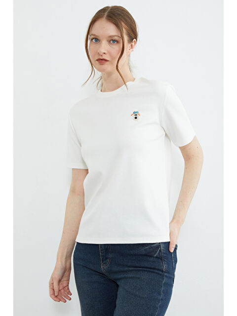 Fullamoda Köpek Nakışlı Bisiklet Yaka Tişört - S000532041-20063