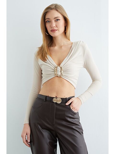 Fullamoda Drapeli Tokalı Omuz Vatkalı Crop Bluz - S000496680-19928