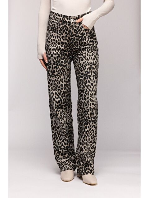 Saade Siyah Kadın Leopar Desenli Yüksek Bel Wide Leg Jean Pantolon - S000498949-19351