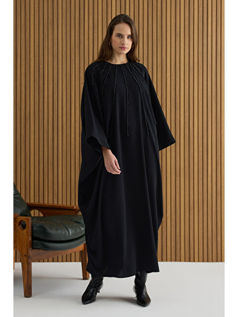 AKER Siyah İşleme Detaylı Yarasa Kol Elbise - S000494398-19351