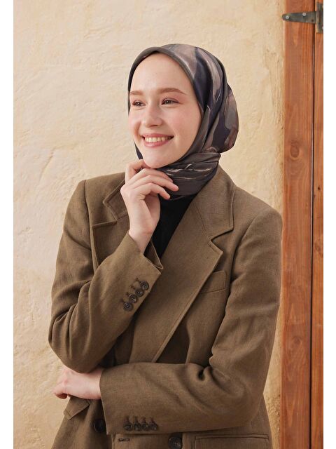 Fresh Scarfs Dark Garden Desen Pamuk İpek Eşarp Koyu Vizon - S000423031-9561