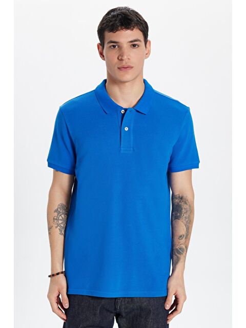 TUDORS Erkek Slim Fit Dar Kesim %100 Pamuk Saks Mavi Polo Yaka Tişört