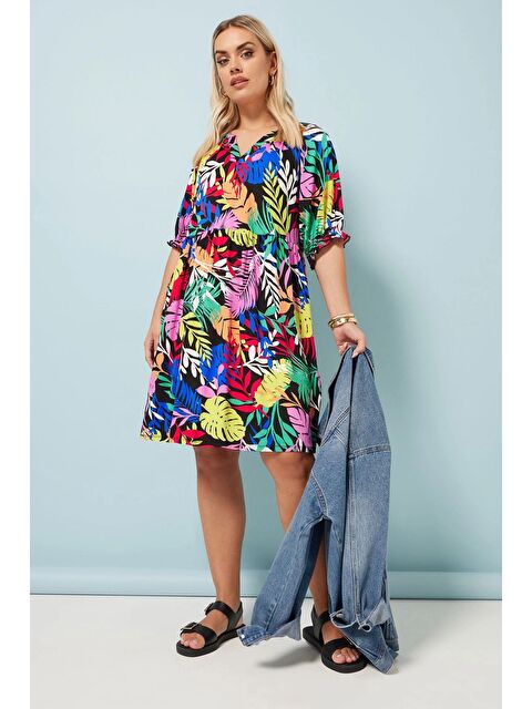 Stil Diva Büyük Beden V Yaka Çiçek Desenli Mini Elbise 304070 - S000434705-23173