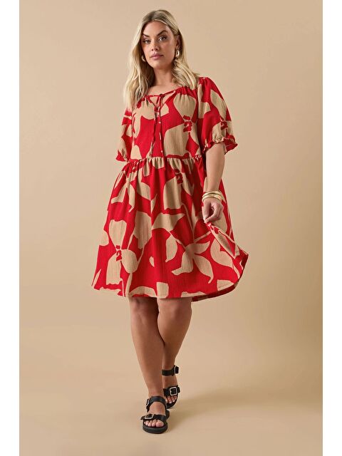 Stil Diva Büyük Beden V Yaka Bürümcük Kumaş Önü Bağlamalı Mini Elbise 304141 - S000434707-20045