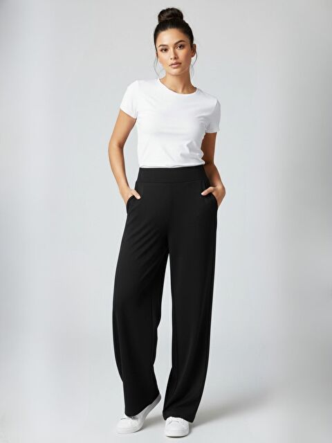 Trendseninle Kadın Siyah Beli Lastikli Detaylı Elastanlı Palazzo Pantolon - S000498951-19351