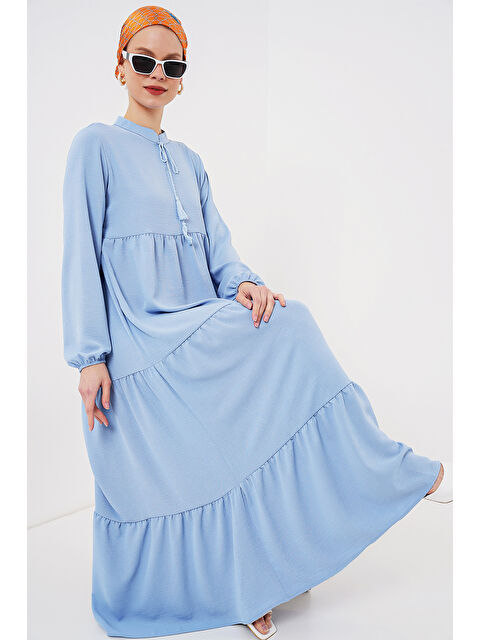 Bigdart 1627 Yaka Bağcıklı Tesettür Elbise - Koyu Mavi - S000353391-17234