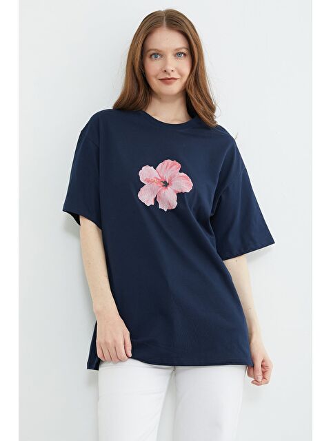 Fullamoda Hibiscus Çiçeği Baskılı Oversize Tişört - S000532043-21164