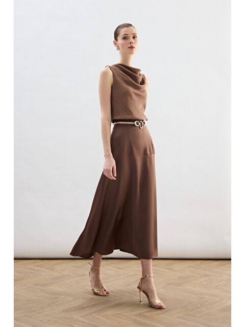 SATEEN Yüksek Bel Saten Etek - Kahve - S000497788-19413