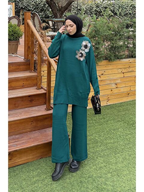 Lamelif Aksesuarlı Triko Takım Zümrüt Yeşili - S000515428-18709