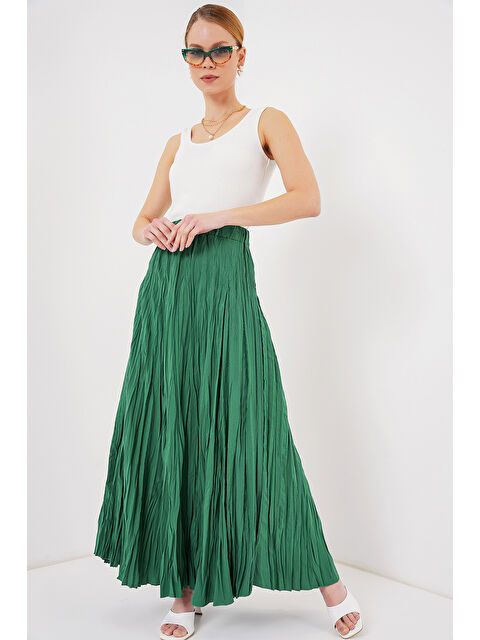 Bigdart Kadın Uzun Kırışık Etek 8042 - Zümrüt Yeşili - S000373516-18709