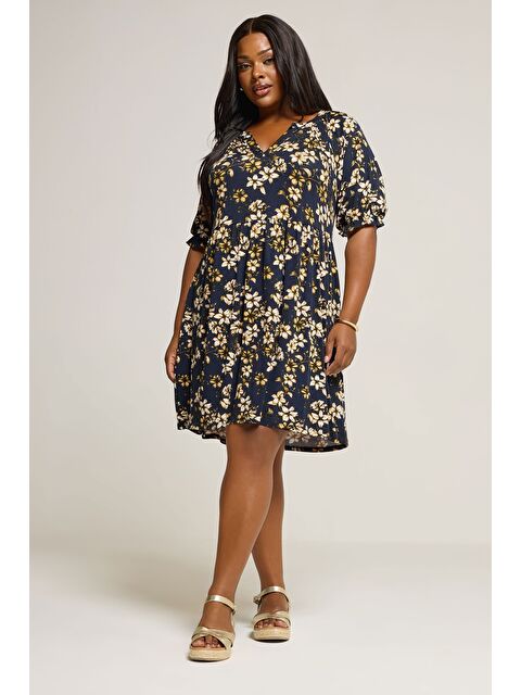 Stil Diva Büyük Beden V Yaka Kısa Kollu Çiçek Desenli Mini Elbise 304076 - S000427251-21164