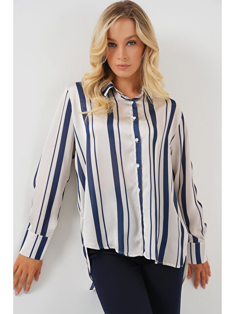 Bigdart Kadın Çizgili Uzun Saten Gömlek 20291 - Lacivert - S000386924-21164