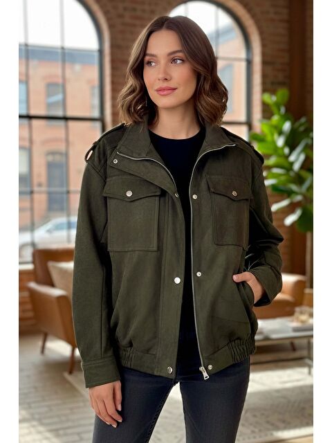 Tofisa Çift Cepli Beli Lastikli Süet Ceket Haki - 28091-HAKI - S000495256-18547