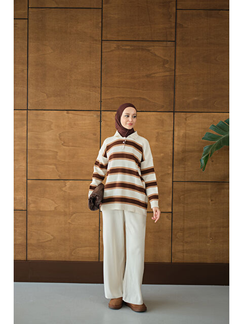 Locco Moda Kadın Çizgi Düğme Detay Takım Krem - S000474862-19966