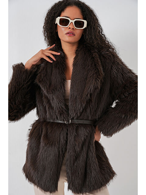 Bigdart Kadın Kemerli Oversize Kürklü Kaban - Kahverengi - S000448776-19413