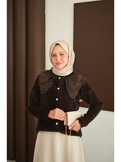 Locco Moda Kadın Dantel Yaka Püsküllü Hırka Kahverengi - S000485782-19413