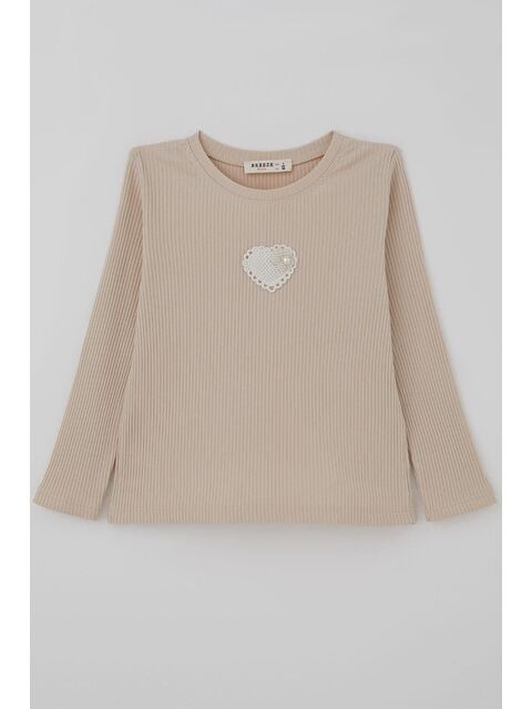 Breeze Kız Çocuk Uzun Kollu Tişört İncili Kalp Arma Detaylı Bej (3-7 Yaş) - S000526877-19928