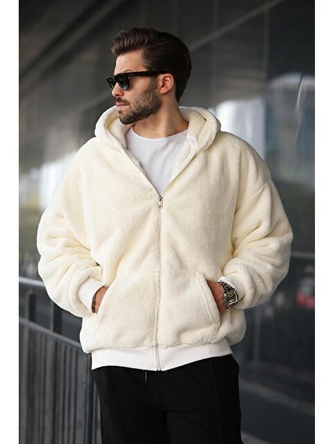 Madmext Ekru Pelüş Over Fit Kapüşonlu  Erkek Fermuarlı Sweatshirt 6049 - S000055012-19965