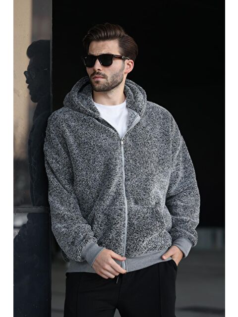 Madmext Gri Pelüş Over Fit Kapüşonlu  Erkek Fermuarlı Sweatshirt 6049 - S000055012-20600