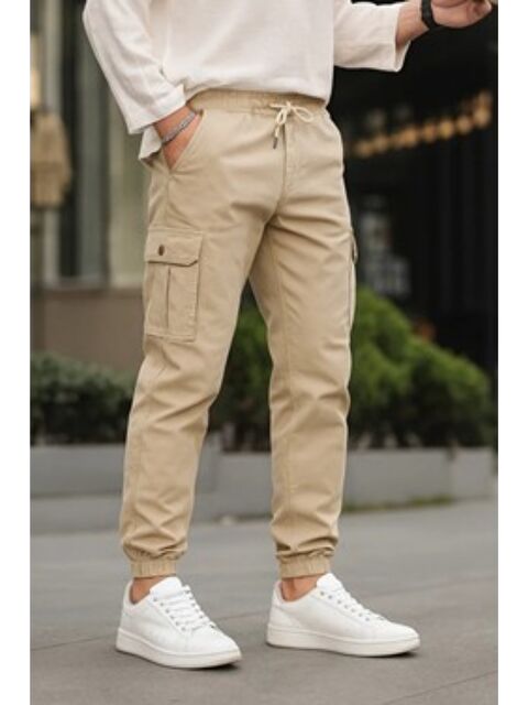 Tarz Cool Slim Fit None Denim Yandan Cepli Bel Bağcıklı, Paçaları Lastikli Erkek Kargo Pantolon
