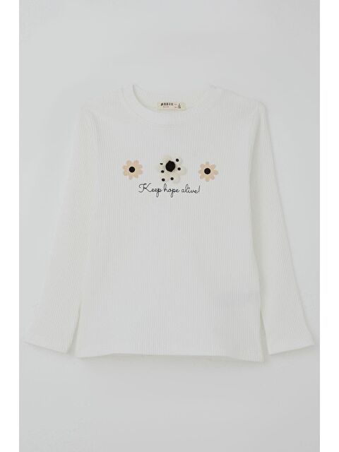 Breeze Kız Çocuk Uzun Kollu Tişört Çiçek Aplike Armalı Yazı Baskılı Beyaz (5-9 Yaş) - S000526950-20063