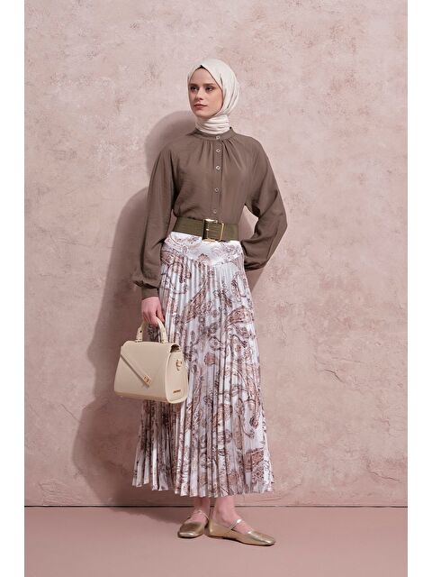 ARMİNE Desenli Piliseli Etek Gri