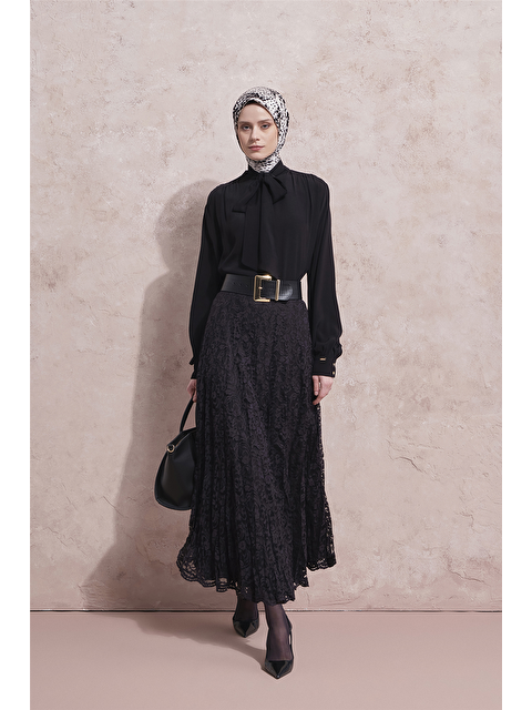 ARMİNE Dantel Piliseli Etek Siyah