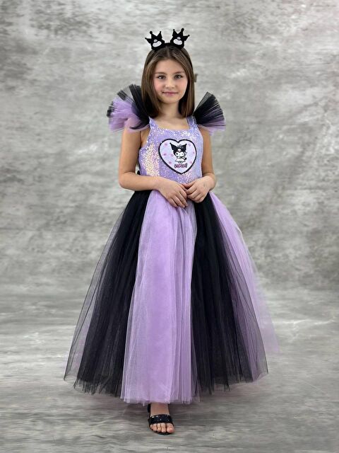 Magu Kız Çocuk Pamuklu Lila-Siyah Karakter Aplikeli Payetli Tüllü Elbise - Kat Kat Prenses Model - S000494631-23173