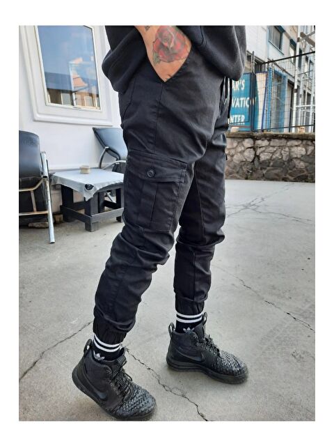 Tarz Cool Slim Fit None Denim Yandan Cepli Bel Bağcıklı, Paçaları Lastikli Erkek Kargo Pantolon