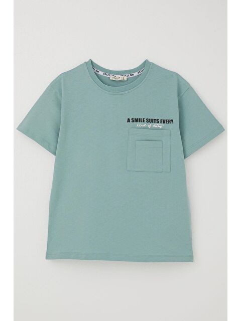 Breeze Erkek Çocuk Tişört Çift Cep Detaylı Kabartma Yazı Baskılı Su Yeşili (8-9 Yaş) - S000365492-20054