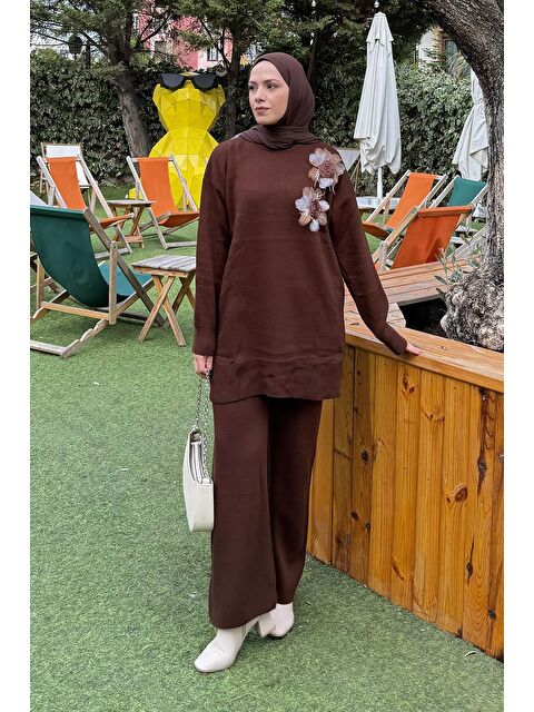 Lamelif Aksesuarlı Triko Takım Acı Kahverengi - S000515428-28102