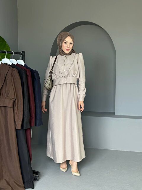 Comstar Kadın Büzgülü Balon Kol Düğmeli Uzun Elbise - S000377825-25636