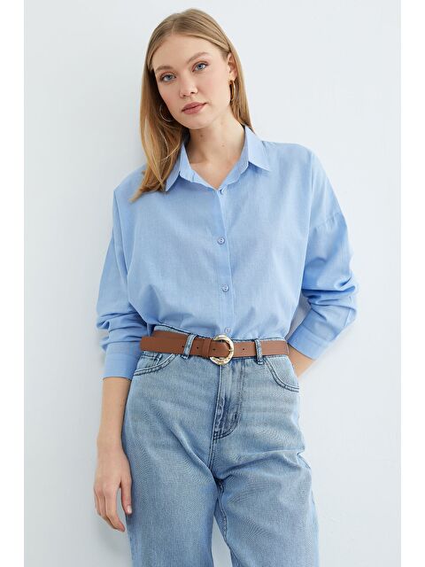 Fullamoda Basic Keten Görünümlü Oversize Gömlek - S000518707-17234