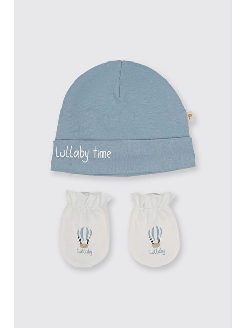 Panço Yenidoğan Baskı Detaylı Mavi Şapka Eldiven Seti - S000523646-17234