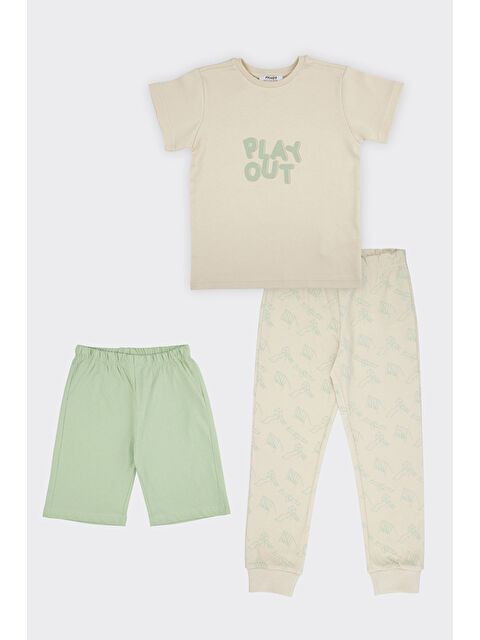 Panço Erkek Çocuk Karanlıkta Parlayan Baskılı 3'lü Bej Pijama Takımı - S000523647-19928