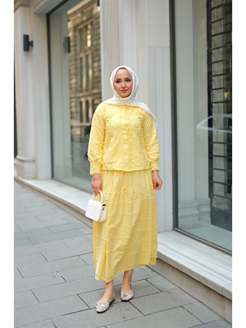 Locco Moda Kadın Güpür Detaylı Takım Sarı - S000373092-20072