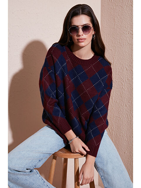 Lela Oversize Fit Bisiklet Yaka Baklava Desenli Kazak 4615579 - S000424856-19951