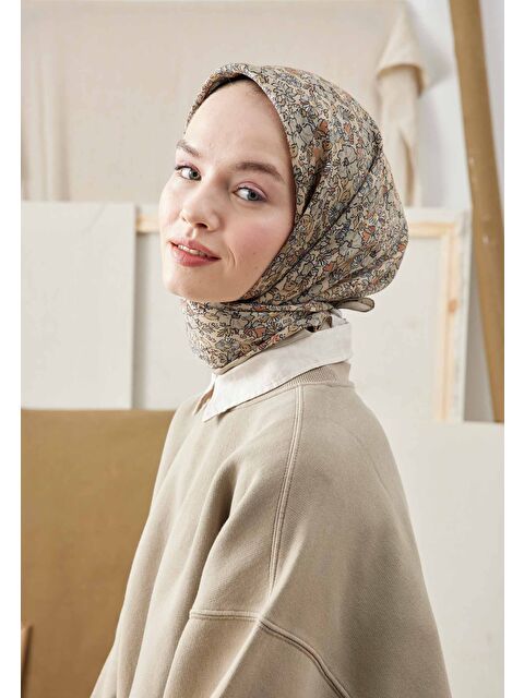 Fresh Scarfs Bloomıng Garden Desen Pamuk İpek Eşarp Bej - S000422859-19928