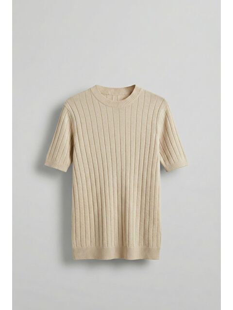 Abluka Online Erkek Fitilli Kısa Kol Triko T-Shirt Koyu Bej - S000155224-19933