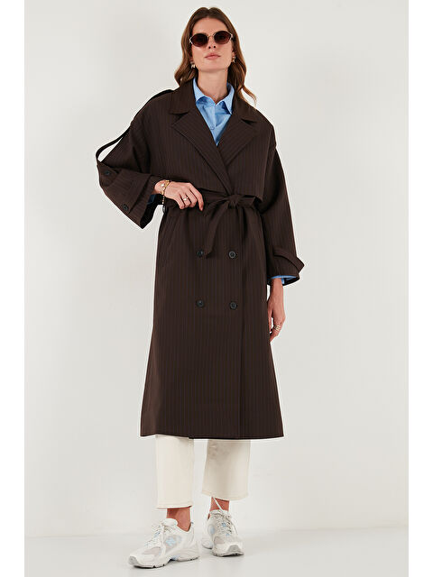 Lela Çizgili Oversize Kruvaze Yaka Kuşaklı Uzun Trençkot 6839583 - S000451059-19413