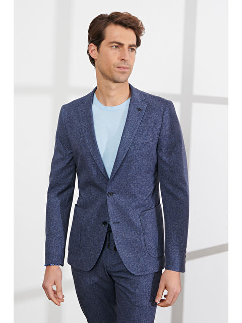 Altınyıldız Classics Erkek Lacivert-Beyaz Slim Fit Dar Kesim Mono Yaka Seyahat Çantalı Desenli Takım Elbise - S000428123-37341