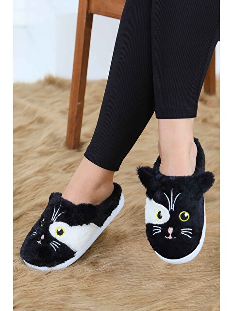 Tofisa Kadın Siyah Kedi İşleme Detaylı Ev Terliği - 27778-SIYAH - S000463444-19351